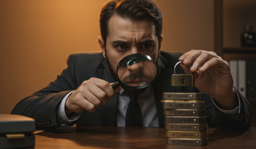 Man inspecting stacked locks with a magnifying glass, symbolizing digital asset security and protection.